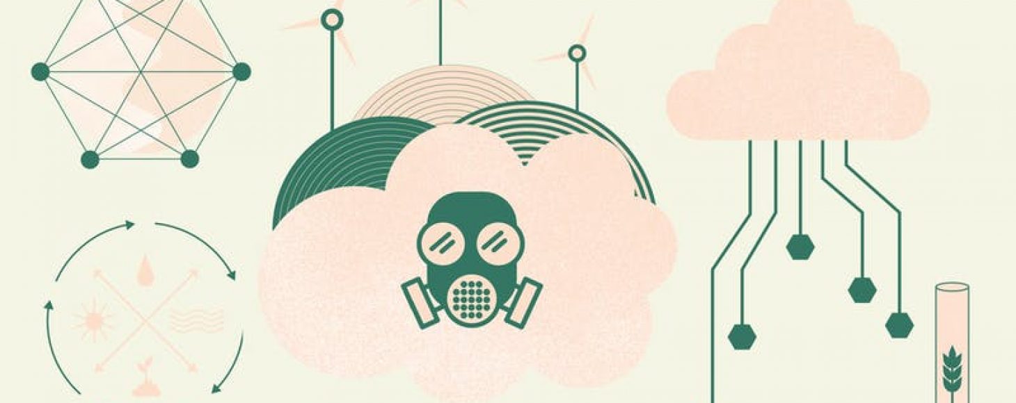 Poster design that has illustrations of masks, wind turbines and sky