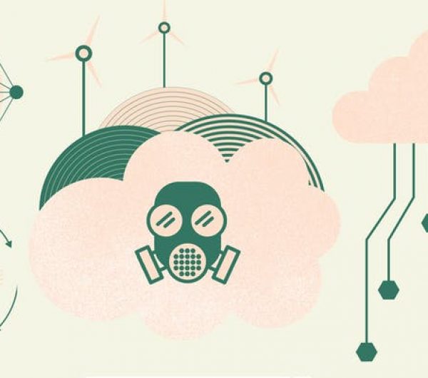 Poster design that has illustrations of masks, wind turbines and sky