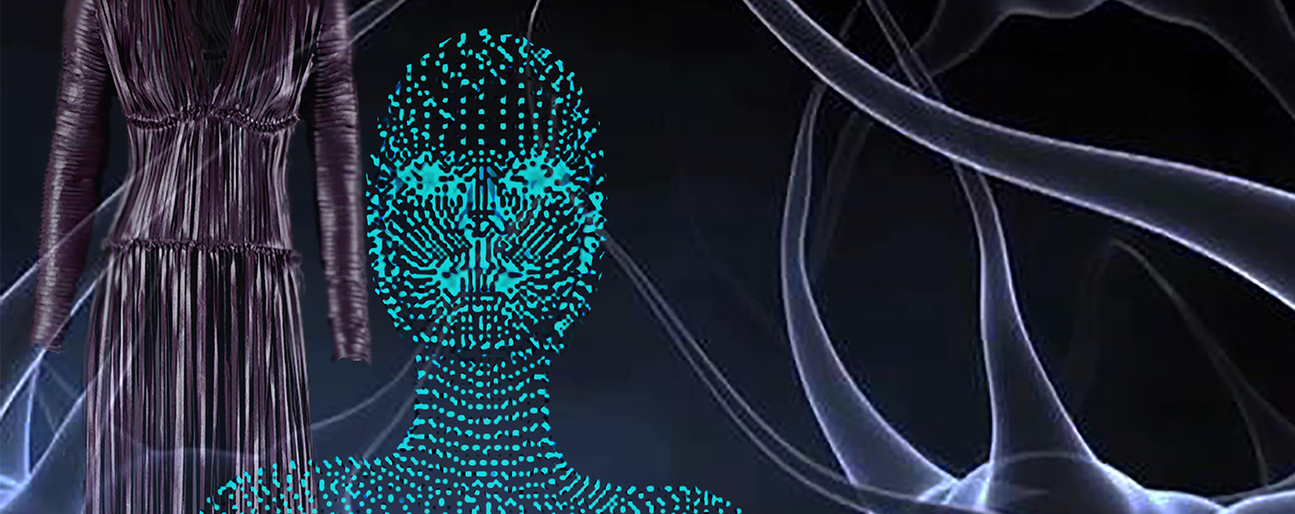 Poster design that has a long dress and futuristic looking female model