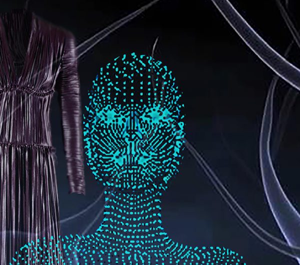 Poster design that has a long dress and futuristic looking female model