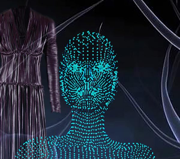 Poster design that has a long dress and futuristic looking female model
