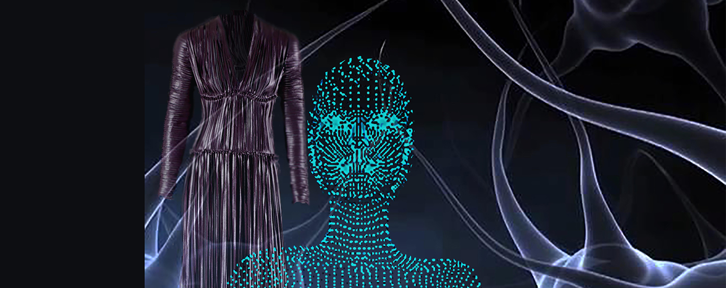 Poster design that has a long dress and futuristic looking female model