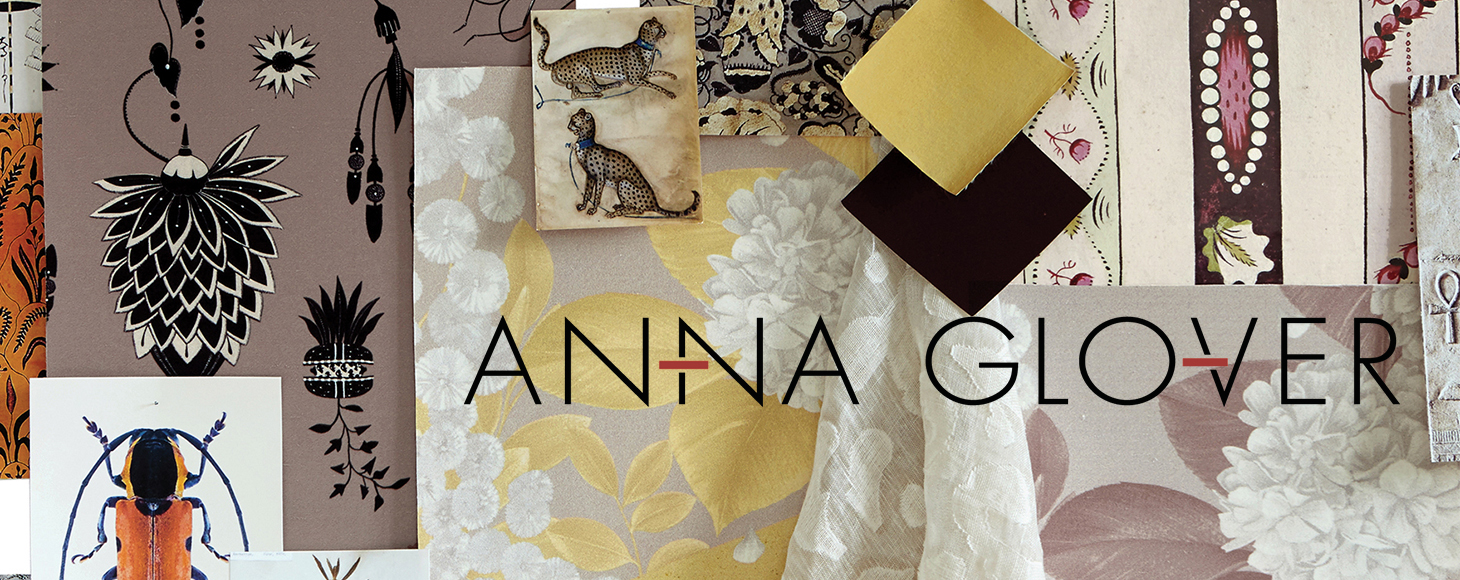A mood board with printed wallpaper and reseach elements by Anna Glover - A textile print designer