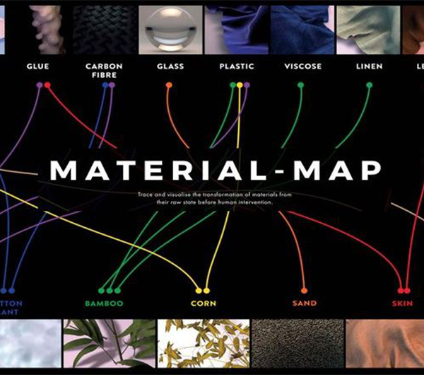 A material map of linen viscose glass corn bamboo and sand