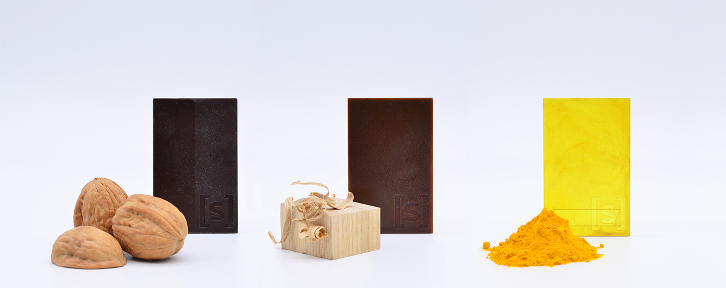 A collection of bio designed materials which are dyed using food coloring such as turmeric, walnut and shavings of oak wood