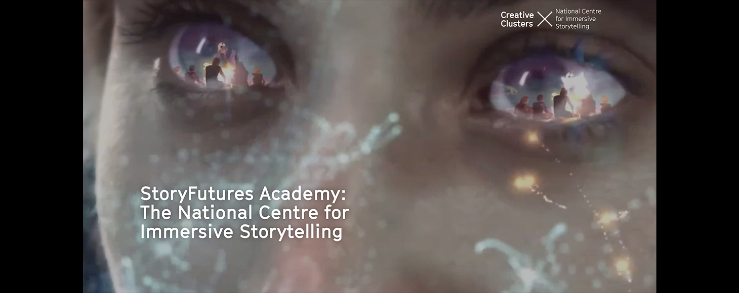 Banner design by Story Futures Academy - a persons' eyes are shown in details