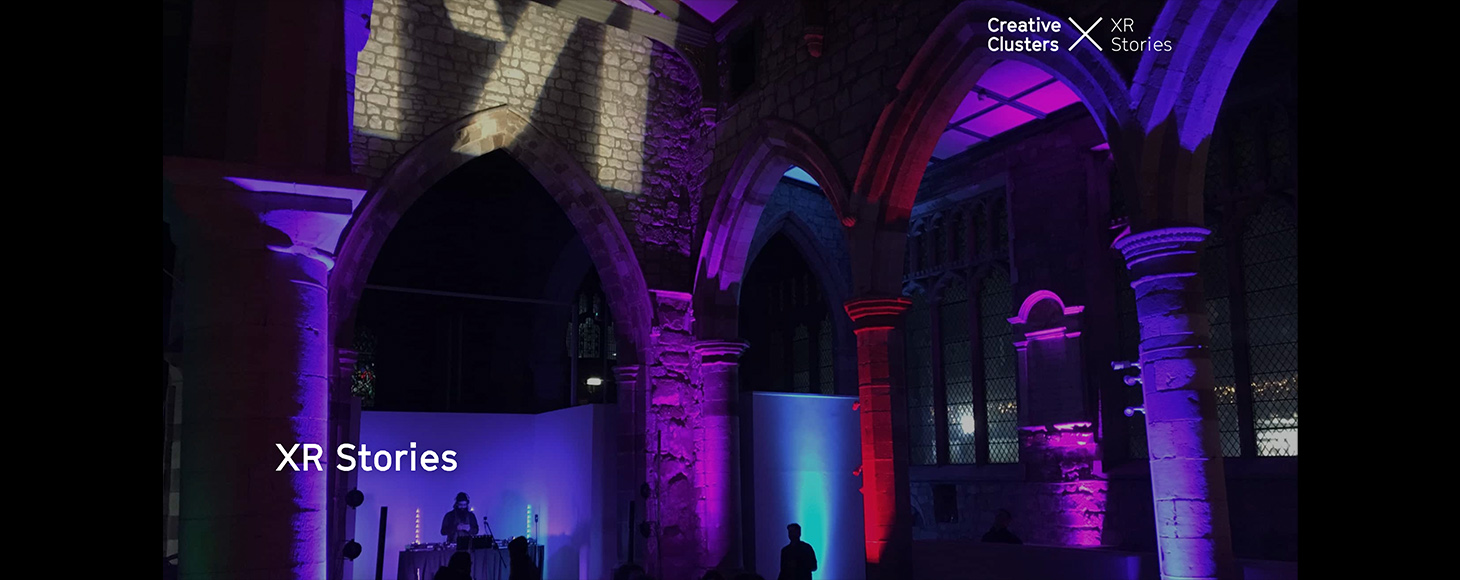 Building with project neon lights - banner by XR Stories A creative cluster