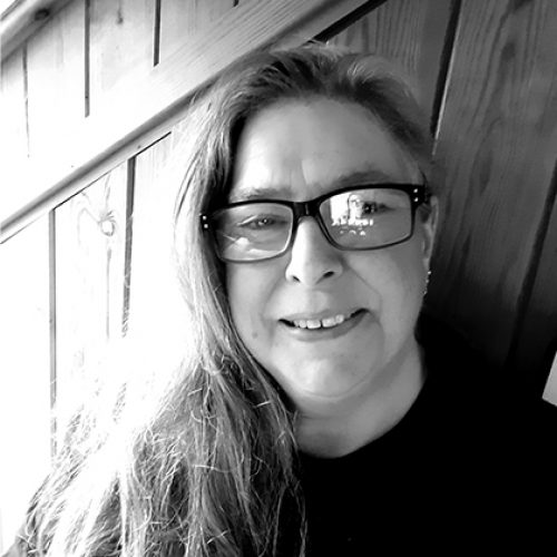 Black and white portrait of Philippa Brock