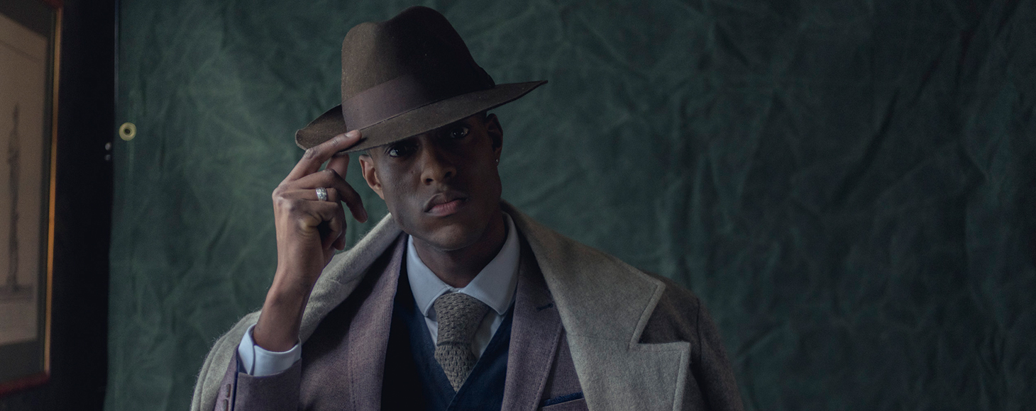 A male model in woven fine suit