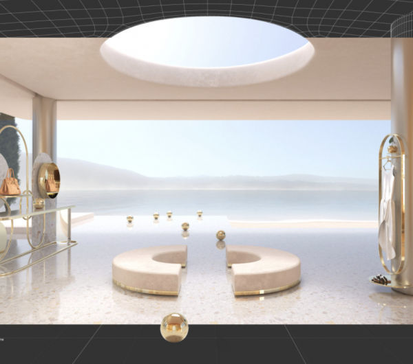 A digital shop display with fashion garments and accessories