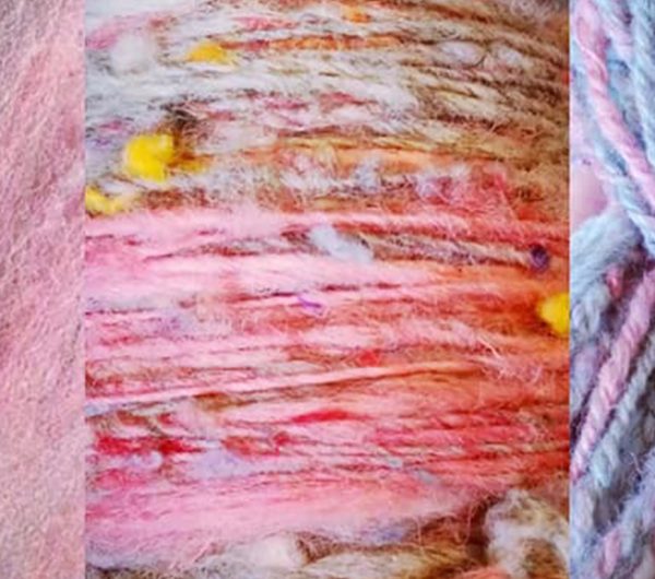 recycled pink and purple yarn spun from waste fabric